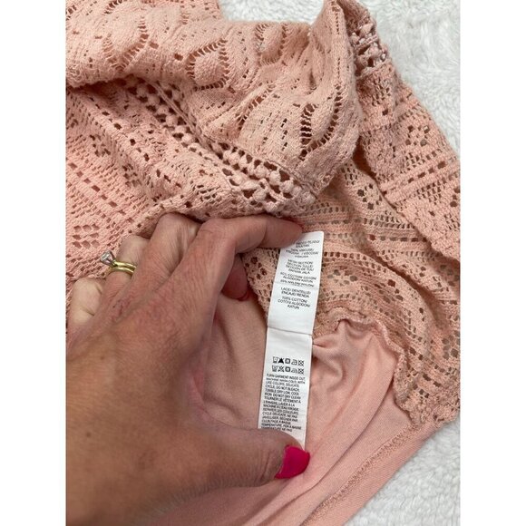 Lucky Brand Medium 3/4 Sleeve Lace Shirt Knit Back Pink Sheer - Picture 5 of 7